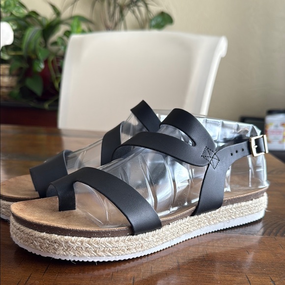 Black Espadrille Platform Shoes with Ankle Strap